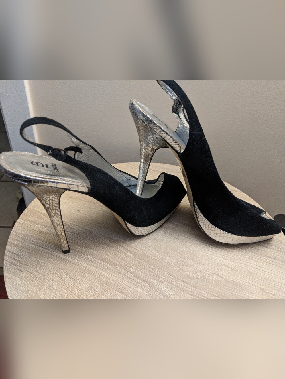 Black Suede Slingback Peep-Toe Heels with Snake-Print Accents